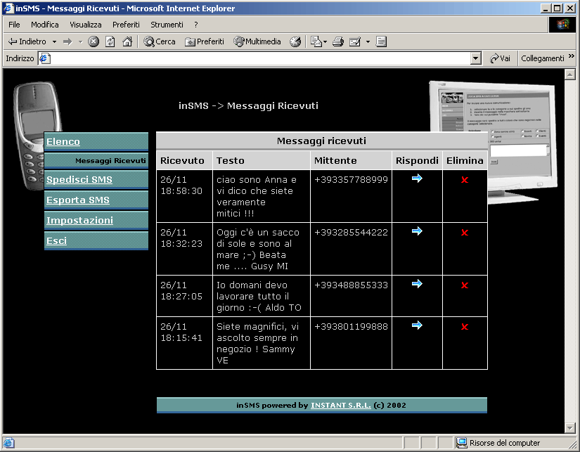 elenco sms ricevuti